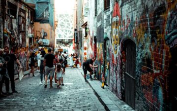 Graffiti laneway in Melbourne with people